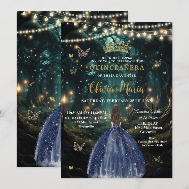 Bezaubertes blaues Kleid der Waldnacht Quinceañera Einladung (Vorne/Hinten)