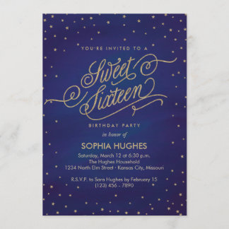Bezaubertes Blue & Gold Stars 16 . Geburtstag Part Einladung