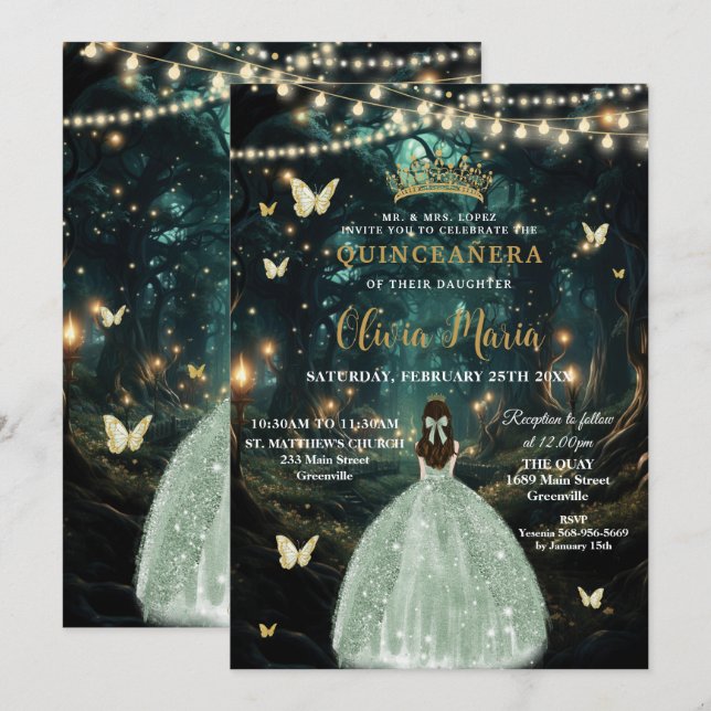 Bezaubertes Waldmagen Grünes Kleid Quinceañera 16 Einladung (Vorne/Hinten)