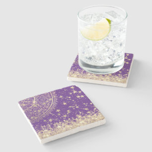 Bezauberung Mandalas mit Gold Stars auf Lila Steinuntersetzer