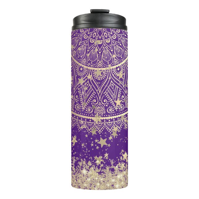 Bezauberung Mandalas mit Gold Stars auf Lila Thermosbecher (Vorderseite)