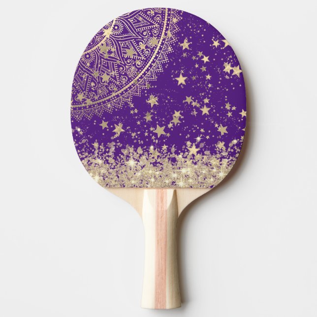 Bezauberung Mandalas mit Gold Stars auf Lila Tischtennis Schläger (Vorderseite)