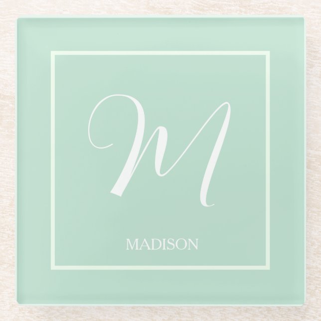 Bezeichnung der Seeoam Green Custom Monogram Name Glasuntersetzer (Vorderseite)
