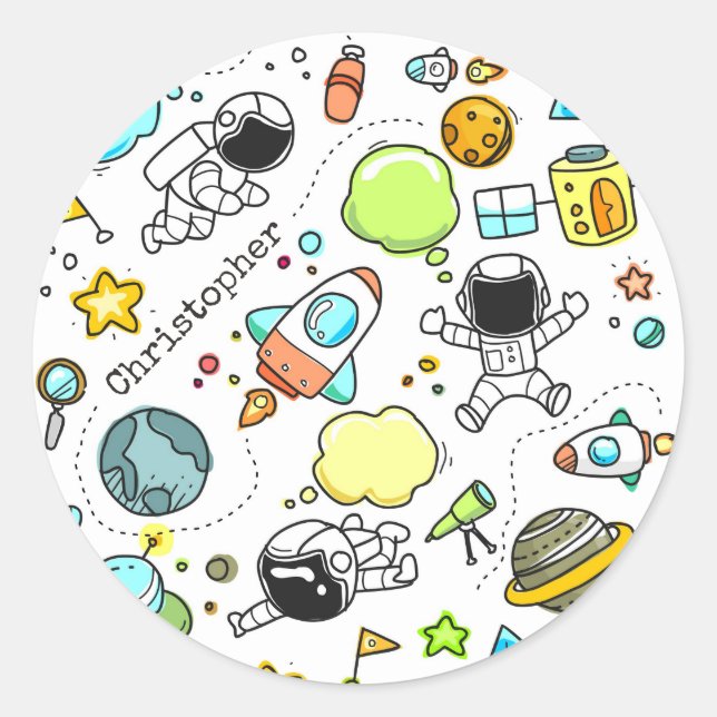 Bezeichnung des Doodle Astronaut Space Planets Runder Aufkleber (Vorderseite)