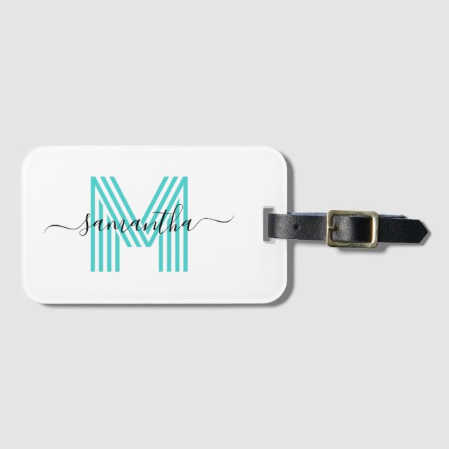 Bezeichnung Türkisfarben Retro Monogramm Gepäckanhänger (Vorderseite (Horizontal))