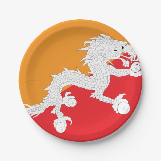 Bhutan Flag Design mit weißem Drachen Pappteller (Vorderseite)