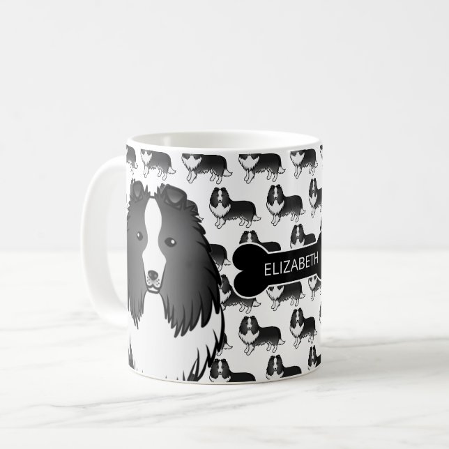 Bi-Black Cartoon Sheltie mit Dog Bone und Name Kaffeetasse (Vorderseite Links)