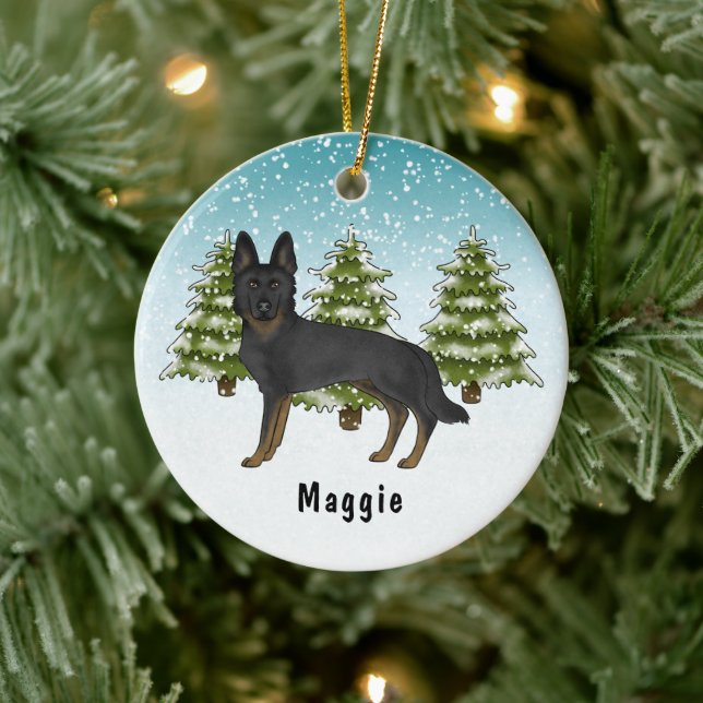 Bi-Black German Shepherd Dog Blue Winter Forest Keramik Ornament (Baum)