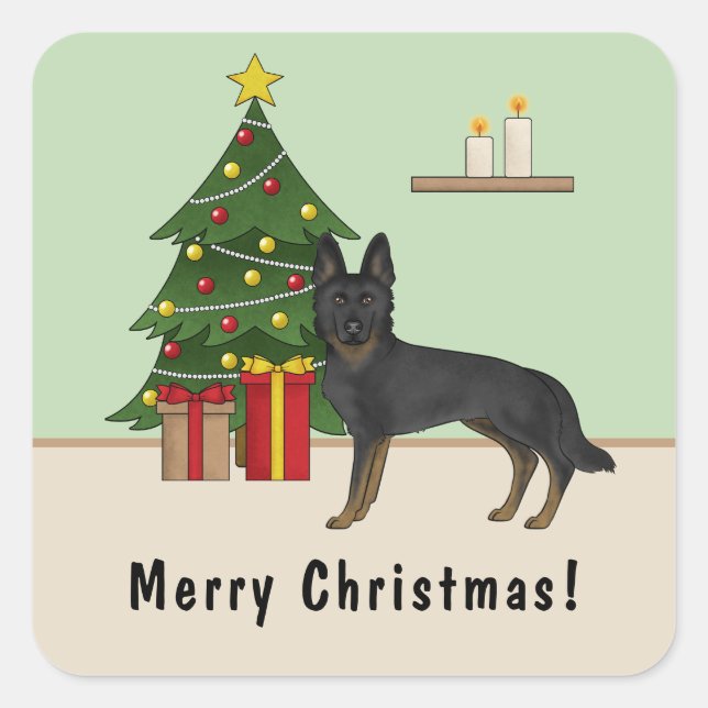 Bi-Black German Shepherd Weihnachtsbaum mit Text Quadratischer Aufkleber (Vorderseite)