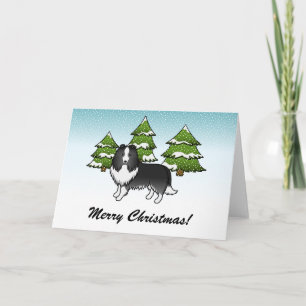 Bi-Black Sheltie Cartoon Dog im Winter & Text Karte