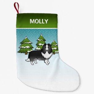 Bi-Black Sheltie Cartoon-Hund im Winter & Name Kleiner Weihnachtsstrumpf