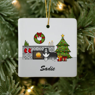 Bi-Black Sheltie Hund in einem Weihnachtszimmer un Keramikornament