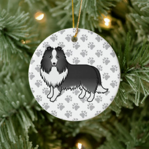 Bi-Black Shetland-Schäferhund Cartoon-Hund & Pfote Keramik Ornament