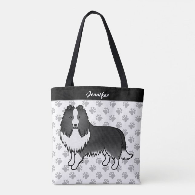 Bi-Black Shetland Sheepdog Cartoon Dog & Name Tasche (Rückseite)