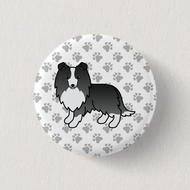 Bi-Black Shetland Sheepdog Cartoon Dog & Paws Button (Vorderseite)