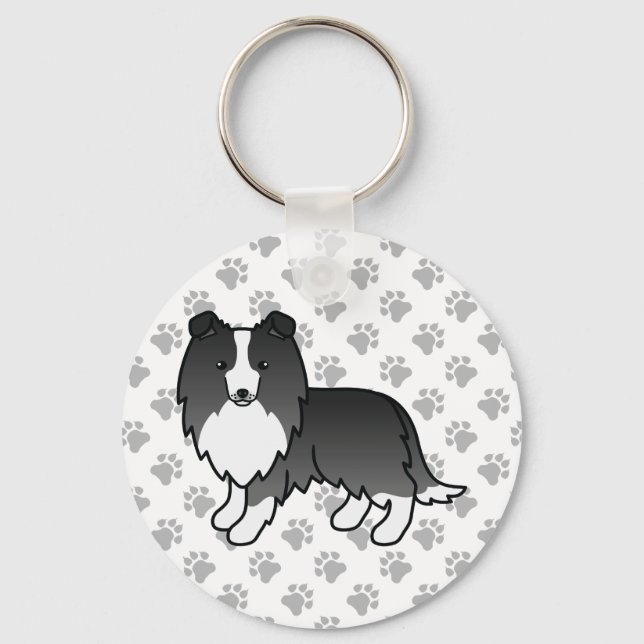 Bi-Black Shetland Sheepdog Cartoon Dog & Paws Schlüsselanhänger (Vorderseite)