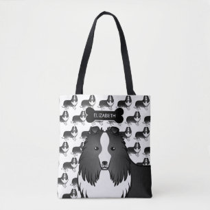Bi-Black Shetland Sheepdog Hund und Knochen & Name Tasche