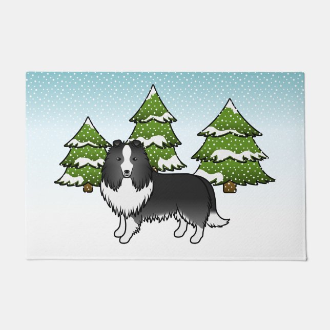 Bi-Black Shetland Sheepdog im Winterwald Fußmatte (Vorderseite)