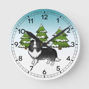 Bi-Black Shetland Sheepdog im Winterwald Runde Wanduhr