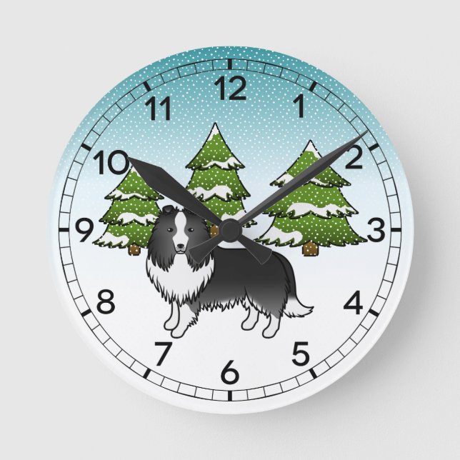 Bi-Black Shetland Sheepdog im Winterwald Runde Wanduhr (Vorderseite)