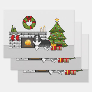 Bi-Black Shetland Sheepdog in einem Weihnachtszimm Geschenkpapier Set