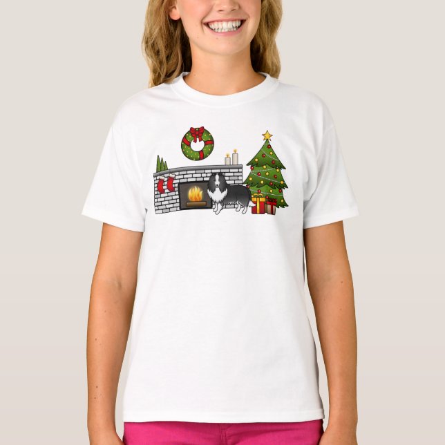 Bi-Black Shetland Sheepdog in einem Weihnachtszimm T-Shirt (Vorderseite)