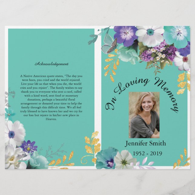 Bi-Fold Aquamarin Lavendel Butterfly-Bestattungspr Flyer (Vorne)