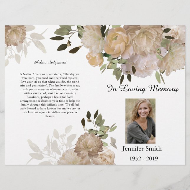 Bi-Fold Cream Tan Peony Funeral Program Flyer (Vorne)