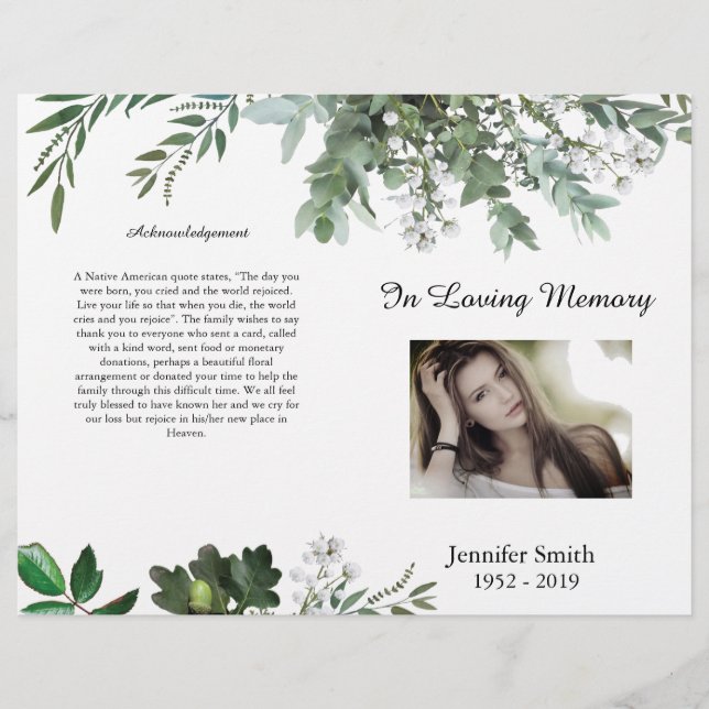 Bi-Fold Green Foliage Blätter Begräbnisprogramm Fl Flyer (Vorne)
