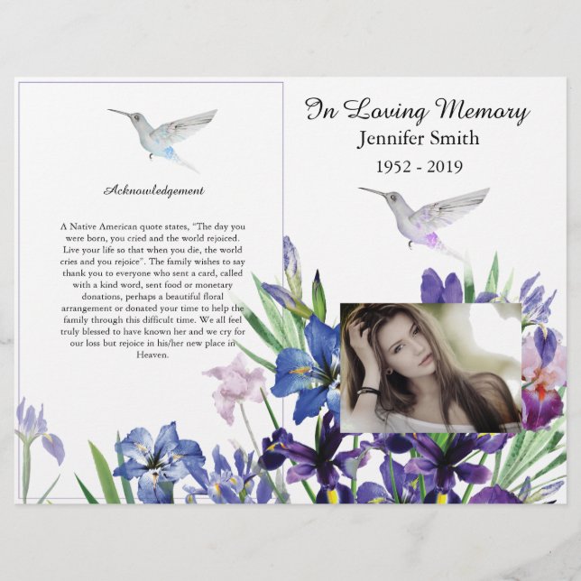 Bi-Fold Lila Irish Hummingbird Funeral Program Flyer (Vorne)