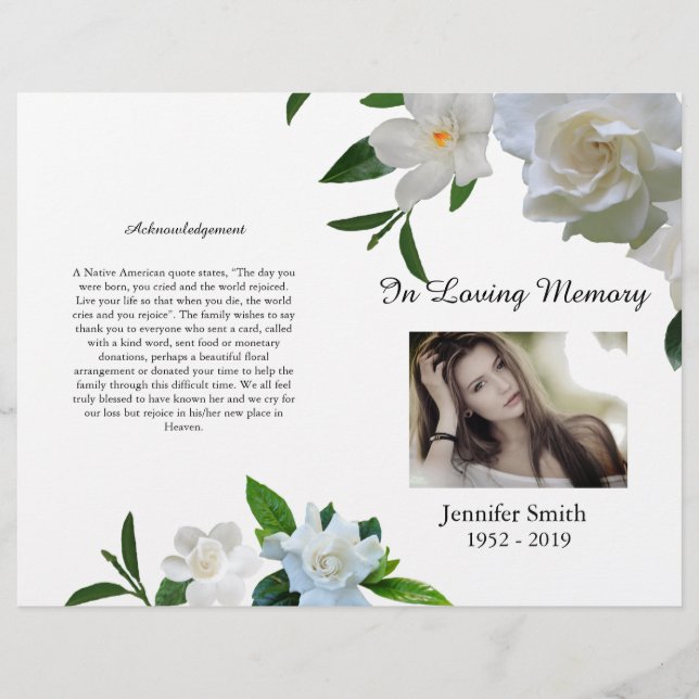 Bi-Fold White Gardenia Beerdigung Programm Flyer (Vorne)