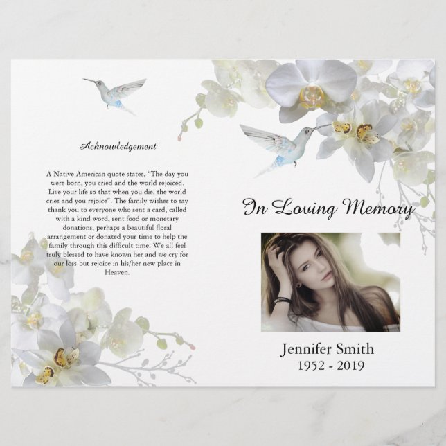 Bi-Fold White Orchids Hummingbird Begräbnisprogram Flyer (Vorne)