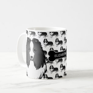 Bi-Schwarze Cartoon-Sheltie mit Hundeknochen und N Kaffeetasse