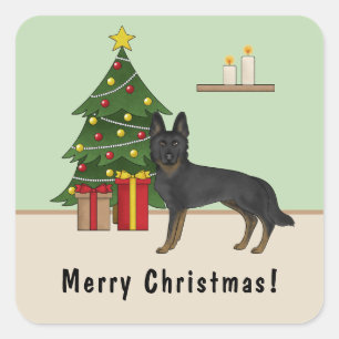 Bi-Schwarzer Deutscher Schäferhund-Weihnachtsbaum Quadratischer Aufkleber