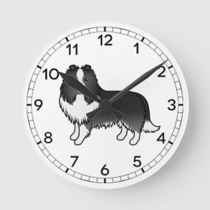 Bi-Schwarzer Shetland Sheepdog Sheltie Cartoon-Hun Runde Wanduhr