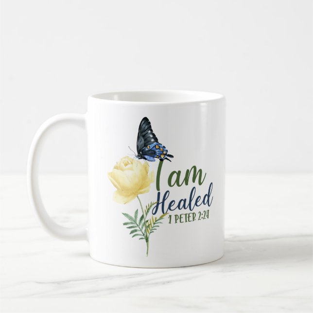 Bibel Verse Ich bin heilt 1 Peter 2:24 Schmetterli Kaffeetasse (Links)