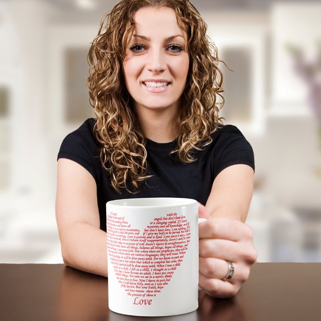Bibelangebot 1 Korinther 13 Lieben Herzkunstdesign Kaffeetasse (Love bible quote typography art red heart mug for Christians who love scripture )