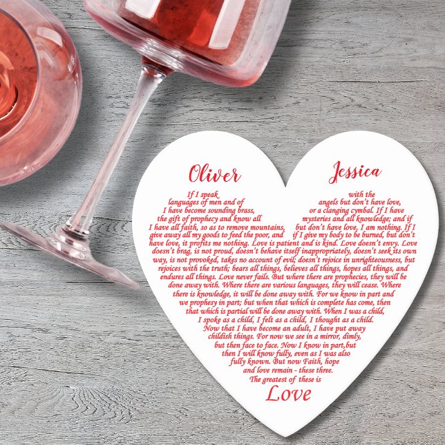 Bibelangebot Hochzeit 1 Korinther 13 Lieben Name h Untersetzer (Wedding love bible quote 1 Corinthians 13 custom bride and groom name paper coaster red heart)
