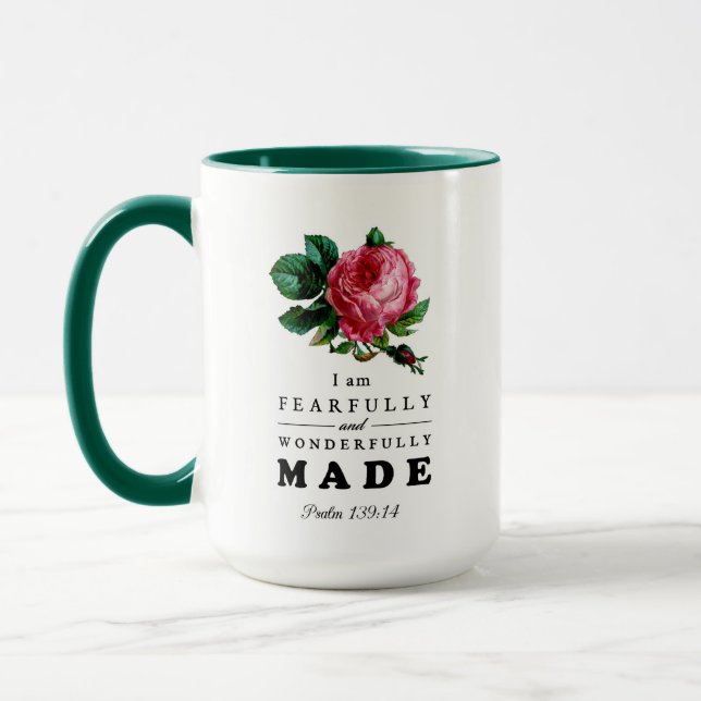 Bibelverse aus Angst und wunderbar gemachte Rose Tasse (Links)