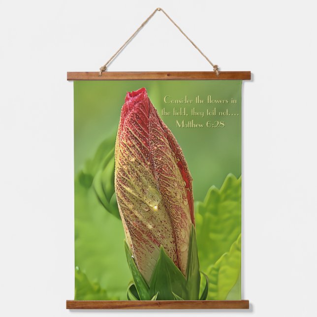 Bibelverse Foto, Hibiskus Blume mit Wassertropfen Wandteppich Mit Holzrahmen (Vorderseite)