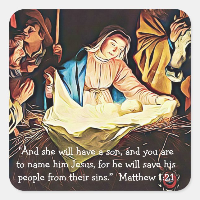 Bibelverse, Matthew 1:21 Maria und Jesus Weihnacht Quadratischer Aufkleber (Vorderseite)