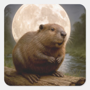 Biber auf einem Baumstamm bei Vollmond Quadratischer Aufkleber