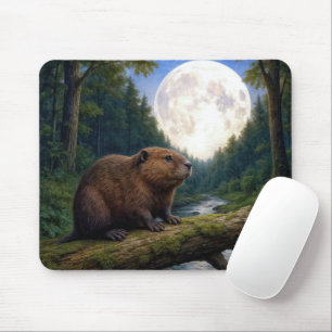 Biber auf einem Flussstamm im Mondlicht Mousepad