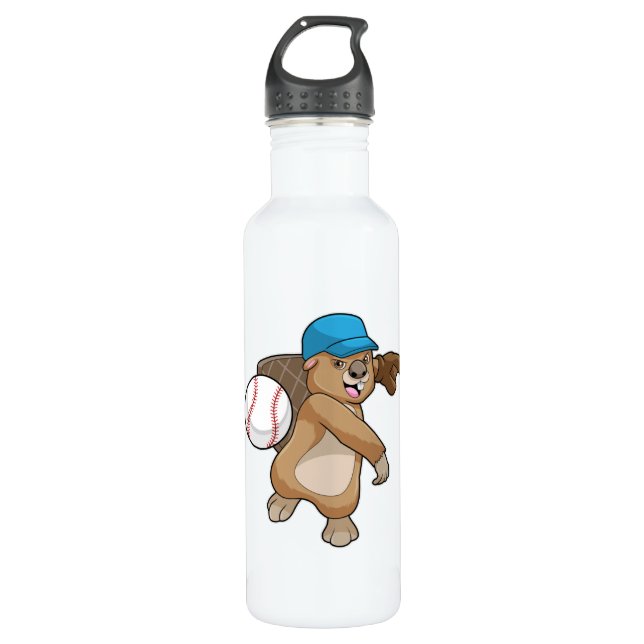 Biber beim Baseball Sport mit Cap Edelstahlflasche (Vorderseite)