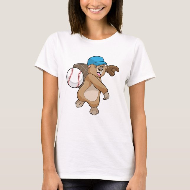 Biber beim Baseball Sport mit Cap T-Shirt (Vorderseite)