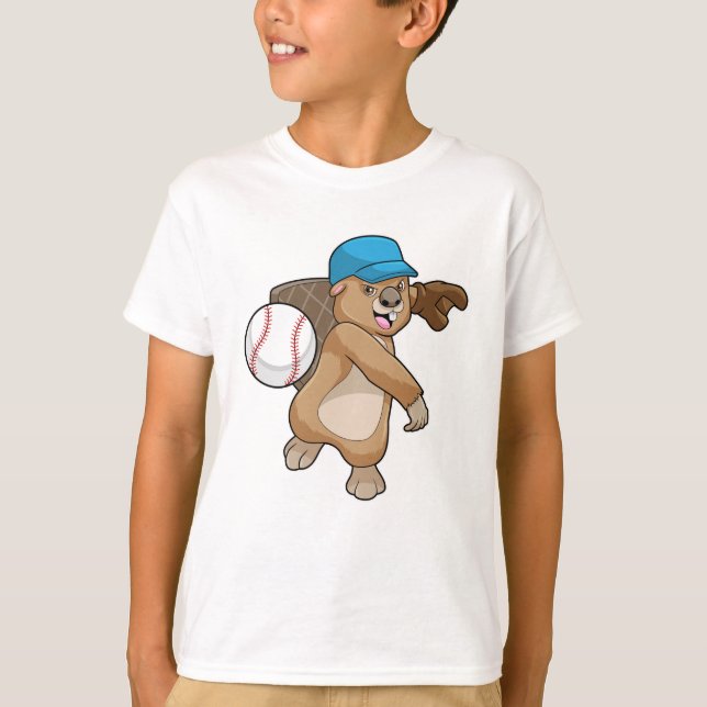 Biber beim Baseball Sport mit Cap T-Shirt (Vorderseite)