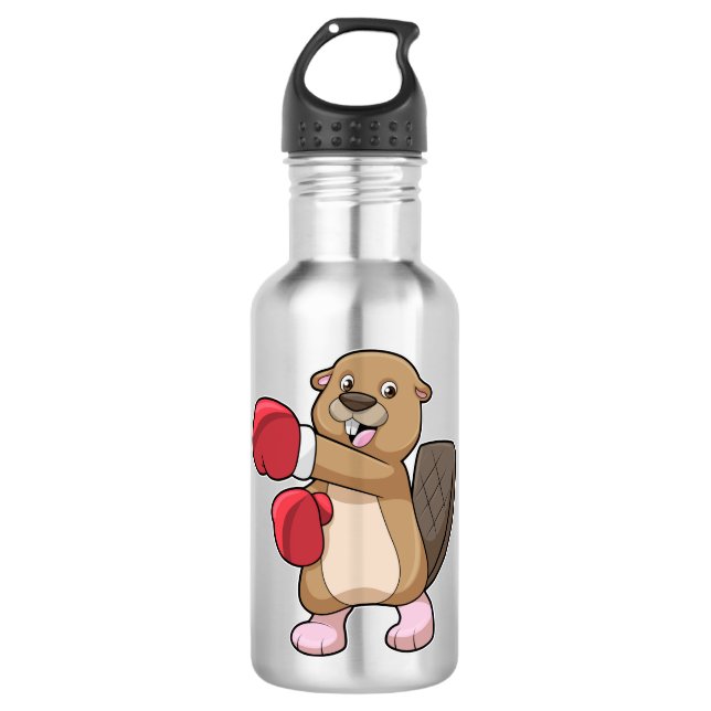 Biber beim Boxen mit Boxhandschuhen Edelstahlflasche (Vorderseite)