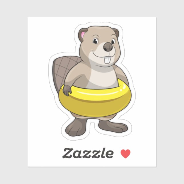 Biber beim Schwimmen mit Swimming-Ring Aufkleber (Blatt)