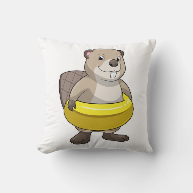 Biber beim Schwimmen mit Swimming-Ring Kissen (Vorderseite)