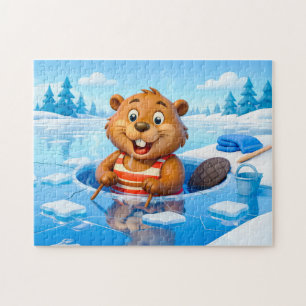 Biber Eisbad in einem gestreiften Badeanzug